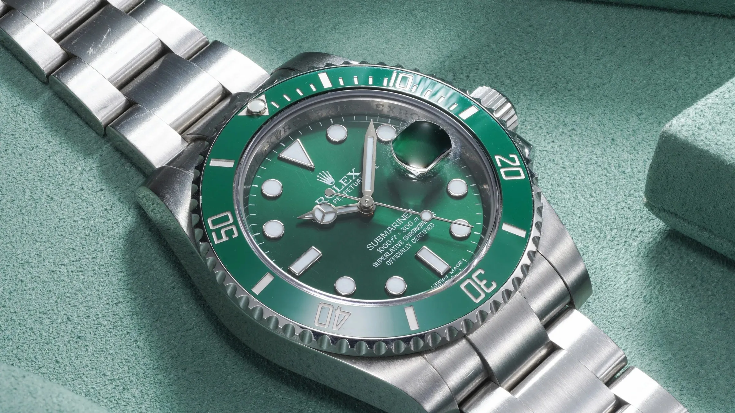 Rolex Submariner Date 116610LV Hulk with a green dial and green Cerachrom bezel on an Oyster bracelet